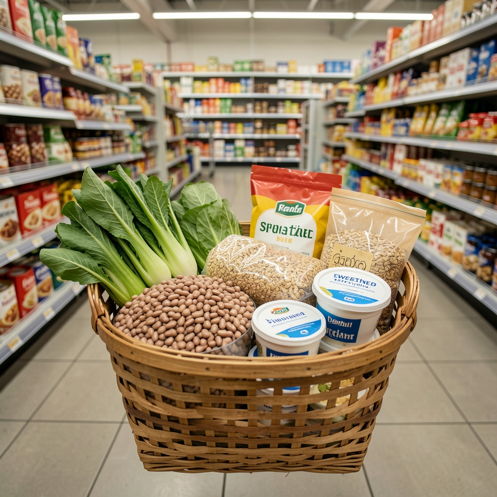 Grocery basket containing vegetables, beans, whole grain foods and unsweetened yoghurt in a market aisle