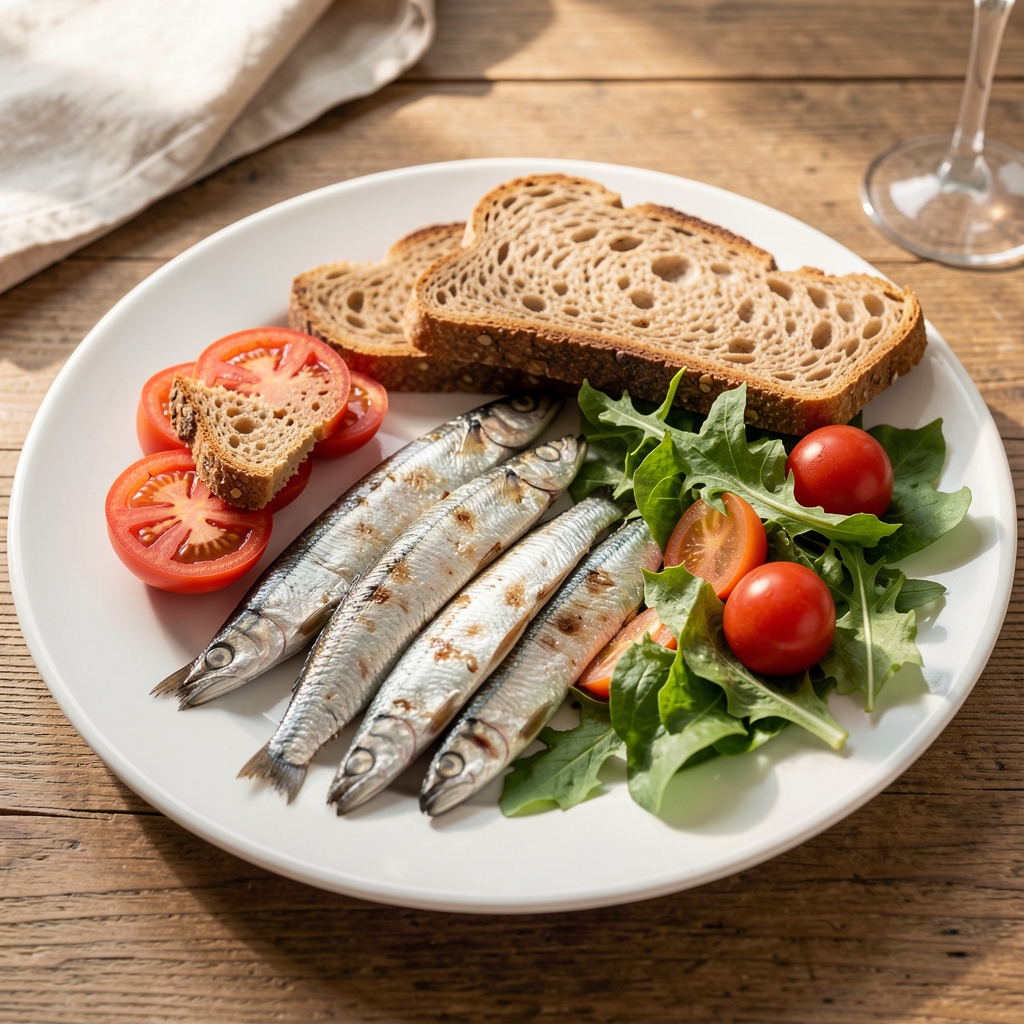 Sardines, tomatoes, whole grain bread and green salad arranged as a balanced dinner in natural light