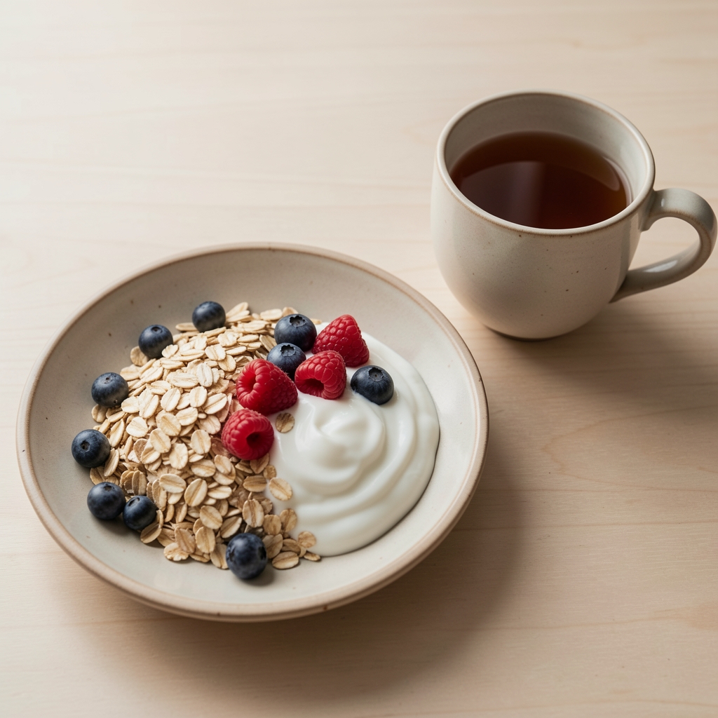 Simple breakfast of oats, berries and yoghurt on a ceramic plate beside a cup of tea