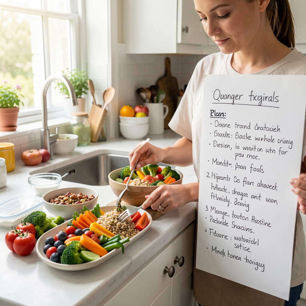Person preparing a colourful vegetable and wholegrain lunch in a bright home kitchen beside a handwritten meal plan