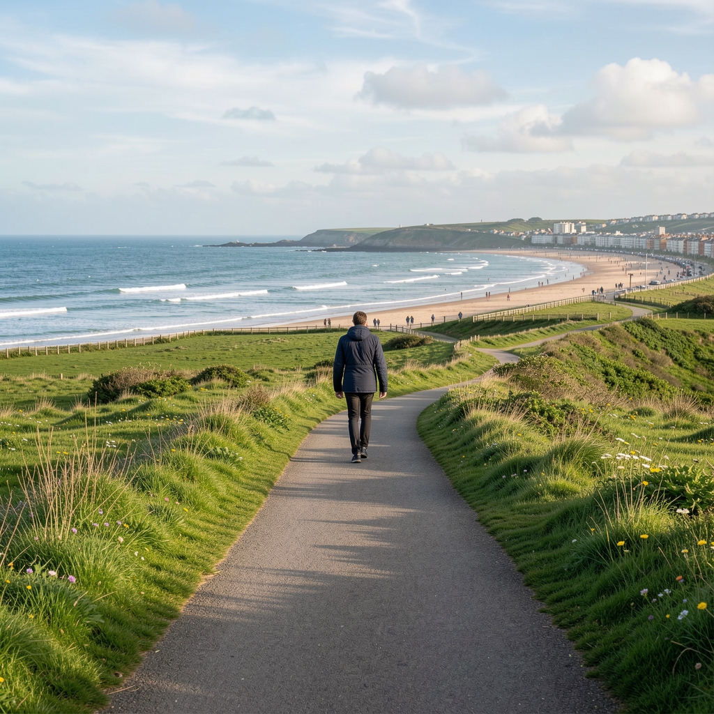 Quiet coastal walking path near Brighton with a person moving through green spring landscape