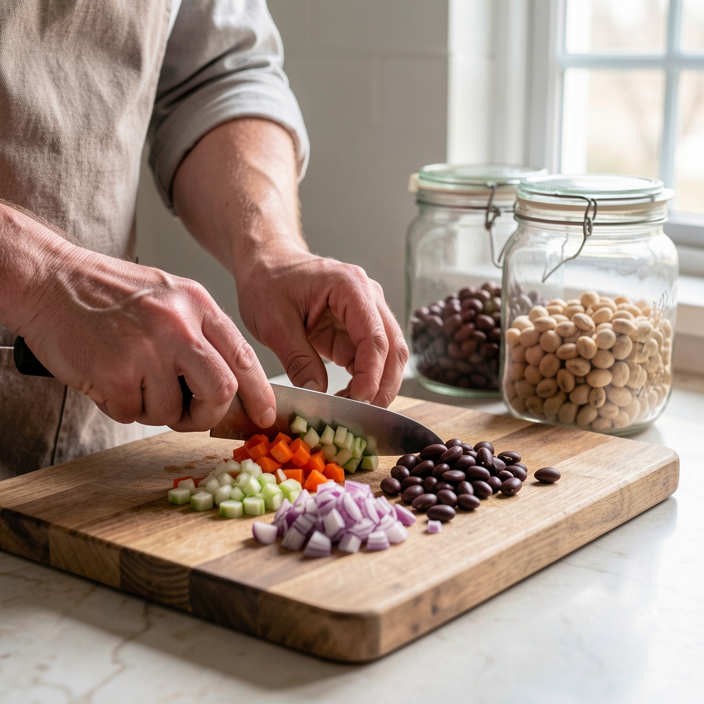 Hands preparing chopped vegetables and beans on a wooden kitchen board beside glass storage jars