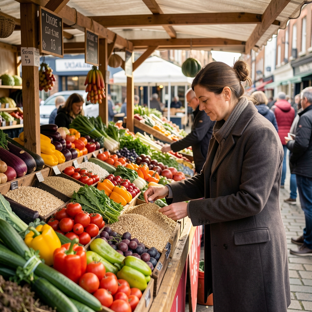 Person choosing colourful vegetables and whole grains at a welcoming UK market stall